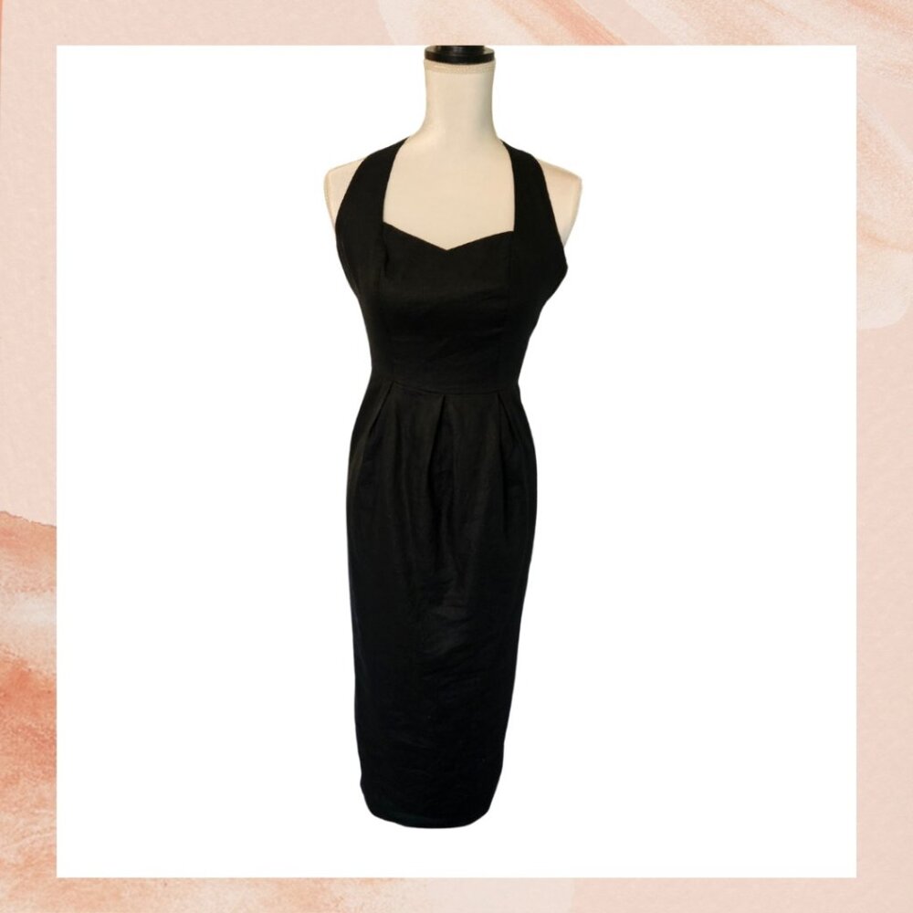 Laura Ashley Linen Black Midi Sheath Dress